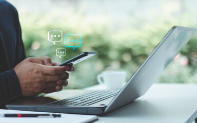 Online live chat and chatting with man using smartphone typing messages on social media network platform for customer support, digital marketing, customer service, global communication and lifestyle.