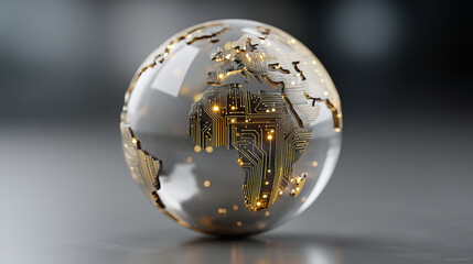 Globe with glowing networks and circuit boards, vibrant and futuristic, global technology, digital communication, international network, neon gold highlights.