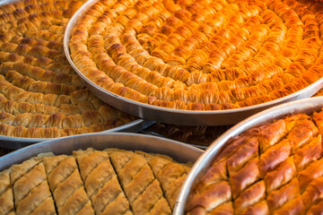 Full frame close-up of trays of assorted Baklava