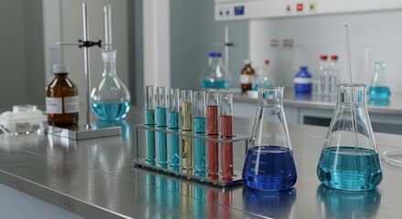Laboratory workstation with various glassware including test tubes, beakers, and colorful chemical solutions in a modern research environment