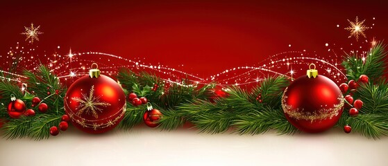 Festive Christmas banner featuring red baubles, holly berries, and pine branches against a red background, adorned with sparkling light trails