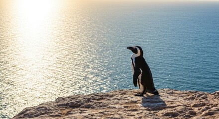 Majestic Penguin Standing on Rocky Outcrop Overlooking Glittering Ocean at Sunrise