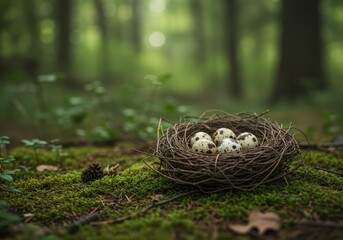 Nest with Speckled Eggs in Forest Setting Surrounded by Greenery and Soft Light Creating a Serene and Natural Atmosphere