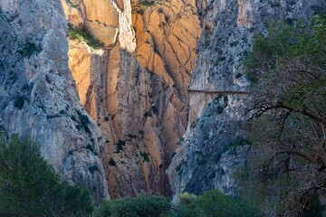 Dangerous Wood Walkway Famous Caminito Del Rey King's Little Path Trail Detail. Dramatic Steep Gorge Cliff Walls El Chorro Spain Malaga Province
