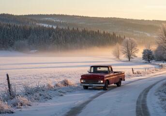 Red Vintage Truck on Snowy Road in Scenic Winter Landscape at Sunrise with Frosty Trees in Background