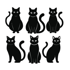 Diverse Black Cat Silhouettes Collection - Six Unique Feline Poses Vector Set