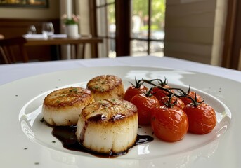 Seared scallops with roasted cherry tomatoes drizzled with balsamic reduction served on a white plate in a restaurant with natural light