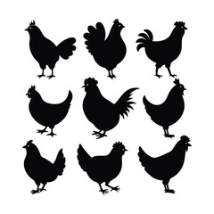 Nine Black Chicken and Rooster Silhouettes - Comprehensive Farm Poultry Vector Collection