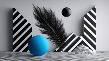 Abstract still life featuring a feather, spheres, and striped geometric shapes on a striped surface