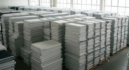 Stacked Rolls of Fabric in a Bright Warehouse Interior with Abundant Natural Light Streaming Through Large Windows