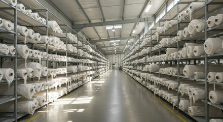 Spacious Fabric Warehouse with Organized Shelves of Rolled Material, Displaying Neatly Stored Textile Rolls in a Bright and Modern Industrial Space