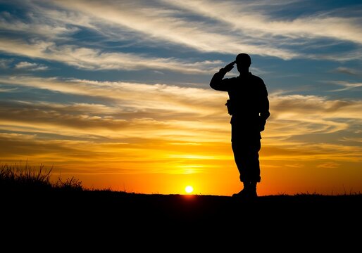 Silhouette of soldier saluting at sunset patriotic military service memorial day veterans day remembrance honor 100 - Powered by Adobe