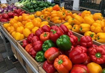 Vibrant Fresh Bell Peppers in Various Colors Displayed at Outdoor Market Stand for Healthy Eating and Cooking Inspiration