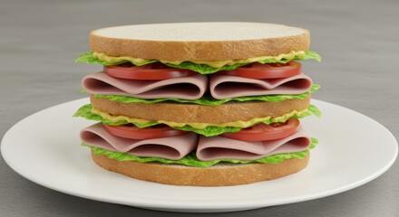 Three-layer sandwich with fresh lettuce, tomato slices, and layers of deli meats on a white plate against a gray background in a clean presentation