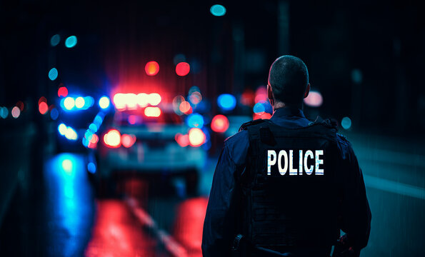 police officer at the scene of an accident with flashing lights	
