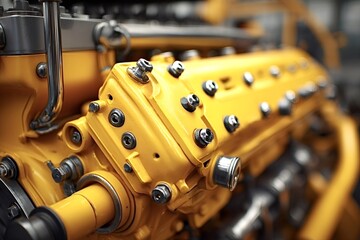 Naklejka premium Close-up of a vibrant yellow engine block highlighting intricate mechanical components, showcasing nuts, bolts, pipes, and other essential parts of a powerful machine