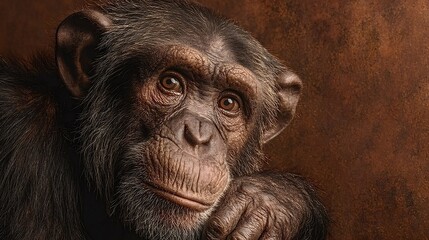 Naklejka premium Close-up portrait of a chimpanzee resting its head on its hand against a brown backdrop, evoking a sense of wisdom, contemplation, and the profound connection between humans and primates