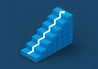 3D blue stair steps with a white arrow indicating upward progress against a dark blue background.
