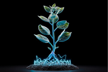 A glowing plant with green leaves and blue veins growing from soil with blue energy waves around it