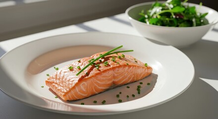 Fresh Grilled Salmon Fillet with Herbs and Simple Green Salad on a Bright Table Setting