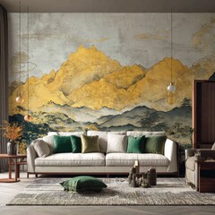 Living room with gold mountain mural