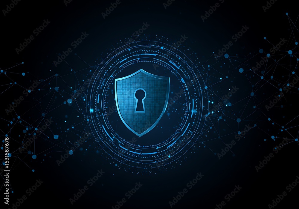 Poster cyber security shield protection concept for online data privacy and network security with keyhole