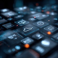 Close-up of digital interface with various app icons, cloud symbol