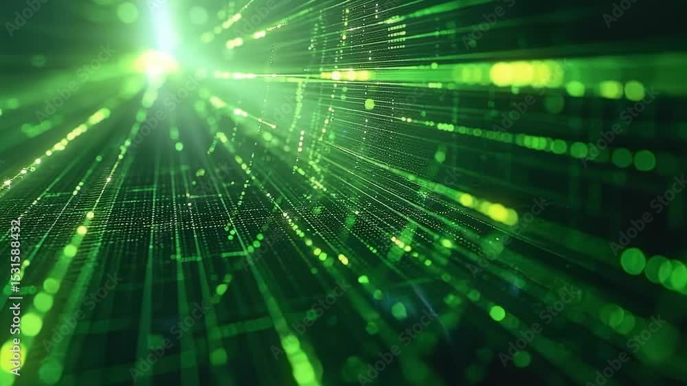Poster abstract green digital network with glowing lines and dots, technology background