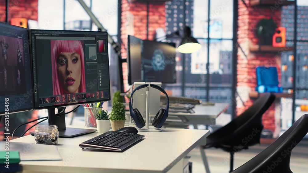 Poster professional studio setup for ai generated content and photography editing. empty workspace with mon