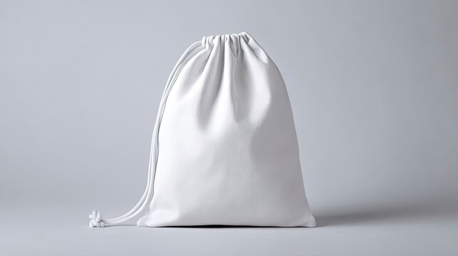 A white drawstring bag is positioned centrally on a light gray background