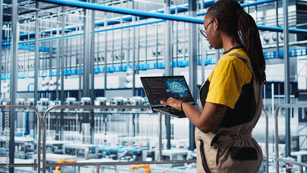 Poster engineers in industry 4.0 industrial plant controlling automated machinery using augmented reality. 