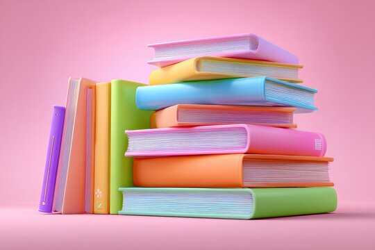 Colorful book stacks on a pastel pink surface