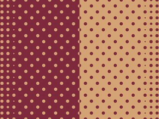 Abstract seamless pattern with two-toned polka dots on a burgundy and beige background, ideal for various design applications.