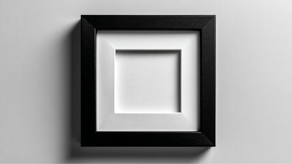 A square black wooden frame with a white matte board on a light gray wall in a studio setting