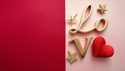 golden love lettering and calligraphy with cute heart ribbon arrow and golden twinkle star on red pink and cream background valentine s day template or background for love and valentine s day