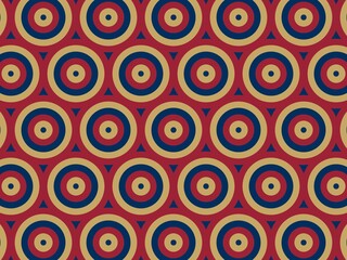 Fototapeta premium A bold seamless pattern featuring concentric circles in navy, gold, and red, perfect for creating striking textile and graphic design projects.
