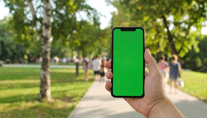 Person using mobile phone outdoors in urban park with people walking in the background, technology, communication, and lifestyle concept

