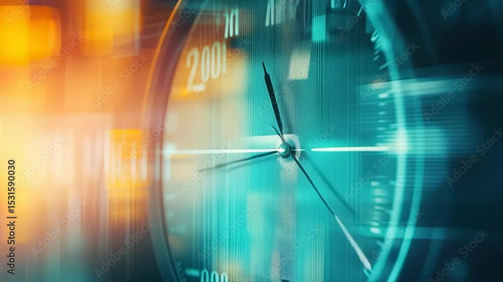 Poster abstract close-up of a clock face with motion blur and teal and orange color scheme