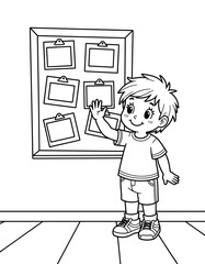 Child attaching task cards to magnetic board in classroom setting - Concept of Back to School - coloring page for kids 5 - 8 years old  