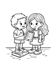 Two children smiling while checking task list on tablet for school - Concept of Back to School - coloring page for kids 5 - 8 years old  