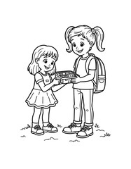 Two girls exchanging lunchbox items outdoors - Concept of Back to School - coloring page for kids 5 - 8 years old  