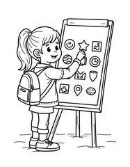 Young girl choosing icons for visual schedule while smiling outdoors in spring  