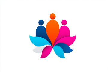 Abstract logo with three figures and colorful petals on a white background in a simple design