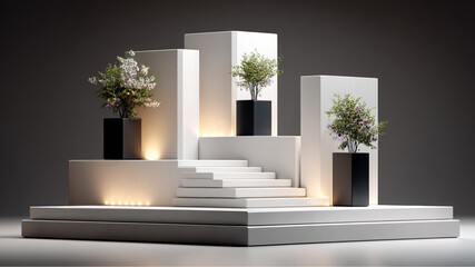 Minimalist display with plants on white platforms and stairs against a gray gradient background