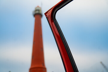 IJmuiden High Lighthouse. Cast iron high lighthouse of North Sea port IJmuiden, North Holland,...