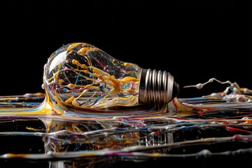 Colorful paint spills around a lightbulb