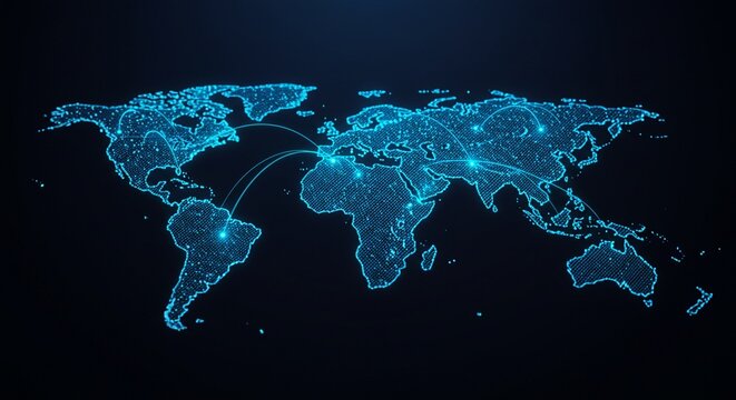 Glowing digital world map with neon blue lines and data points on a dark background, tech-inspired style, floating hologram effect, representing global connection and modern technology