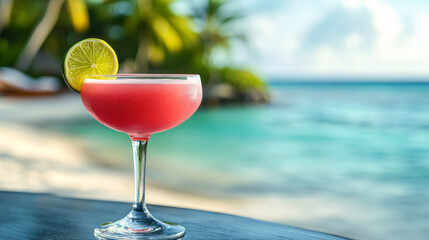 A chic pink cosmopolitan is served in a sleek glass, evoking a tropical beachside bar in the Maldives