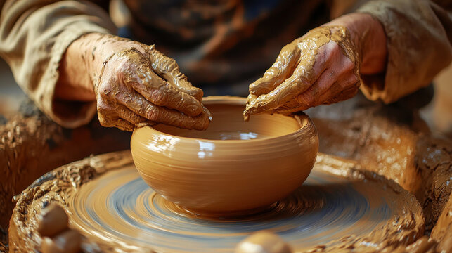 A ceramist molds clay on a pottery wheel, skillfully shaping the walls of a vessel with their hands