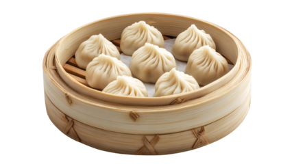 Handmade steamed momo dumplings arranged on bamboo steamer isolated on white background 